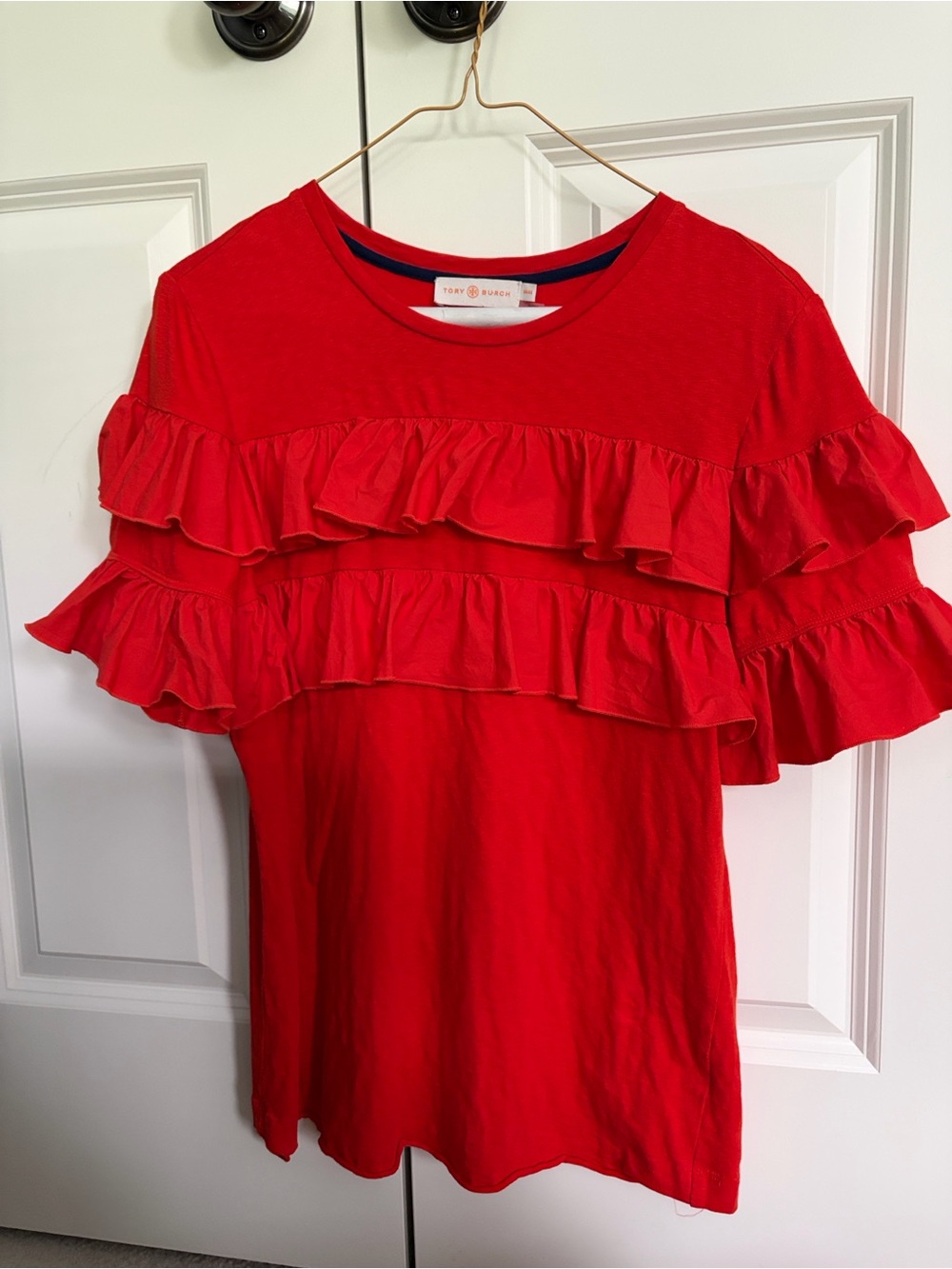 Tory Burch Red Ruffle Short Sleeve Tee